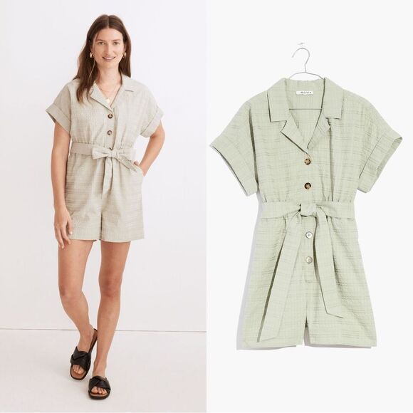 NWT MADEWELL Seersucker Camp Romper in Ashen Sage - Picture 1 of 11